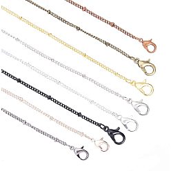 Mixed Color Brass Coated Iron Curb Chain Necklace Making, with Beads and Lobster Claw Clasps, Mixed Color, 32 inch(81.5cm), 5pcs/color, 40pcs/box