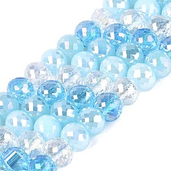Bleu Ciel Clair Perles de verre de styles variés, plaquées électrolytiquement, en rangs, rondelle, facette, lumière bleu ciel, 8~8.5x6~6.5mm, Trou: 1.2~1.5mm, Environ 48~49 pcs/chapelet, 12.01~12.40 pouce (30.5~31.5 cm)