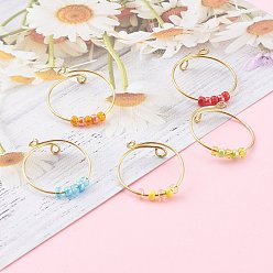 Mixed Color Adjustable Brass Cuff Rings, Fidget Rings, Anxiety Bead Rings, with Round Glass Beads, Golden, Mixed Color, US Size 10 1/2(20.1mm)