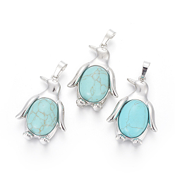 Синтетическая Бирюза Синтетические бирюзовые подвески, с латунной фурнитурой , пингвин, платина, 34~35x24~25x5~8 мм, отверстие : 8x5 мм