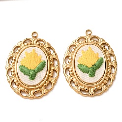 Yellow 304 Stainless Steel & Cloth Embroidered Pendants, Oval with Flower Charms, Ion Plating(IP), Long-Lasting Plated, Real 18K Gold Plated, Yellow, 30.5x23x4mm, Hole: 1.9mm