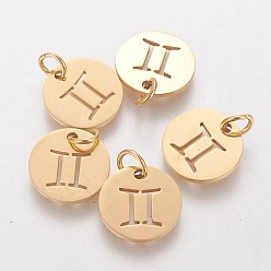 Gemini 304 Stainless Steel Charms, Flat Round with Constellation/Zodiac Sign, Golden, Gemini, 12x1mm, Hole: 3mm