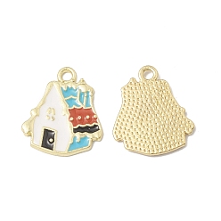 Cyan Alloy Enamel Pendants, House Charm, Golden, Cyan, 19.5x17x1.4mm, Hole: 2mm