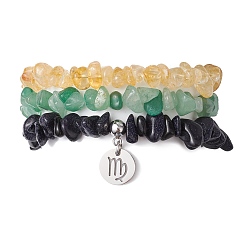 Дева 3шт. 3 стили натуральный цитрин и зеленый авантюрин и синтетический голубой авантюрин чипсы браслеты наборы, браслеты Stackbale с 304 подвесками из нержавеющей стали, Дева, внутренний диаметр: 2-1/8 дюйм (5.5 см), 1 шт / стиль