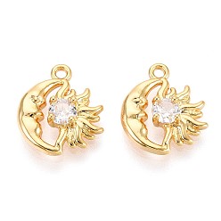 Прозрачный Латунные микро проложить кубического циркония прелести, луна и солнце, долговечный, без никеля , реальный 18 k позолоченный, прозрачные, 14.5x13x4 мм, отверстие : 1.4 мм