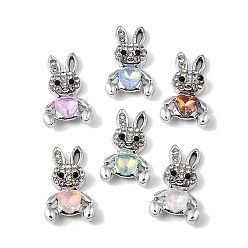 Platinum Alloy Rhinestone Pendants, Rabbit Charms, with Glass, UV Plating, Mixed Color, Platinum, 21x13x4.5mm, Hole: 2.5x0.8mm