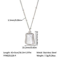 Stainless Steel Color Imitation Pearl 304 Stainless Steel Rectangle Pendant Necklaces for Women, White, Stainless Steel Color, 16.14 inch(41cm)