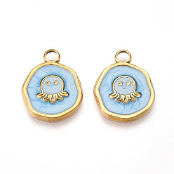 Светло-Голубой 304 подвески из нержавеющей стали, с эмалью, плоская круглая с подвесками в виде осьминогов, ионное покрытие (ip), реальный 18 k позолоченный, Небесно-голубой, 16.5x13x2 мм, отверстие : 2.5 мм