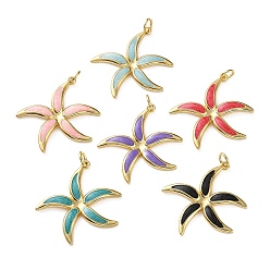 Настоящее золото 18K Латунные подвески, прелести морская звезда, с эмалью, реальный 18 k позолоченный, 29.5x27x2.5 мм, отверстие : 3 мм, Перейти кольцо: 5x1 мм