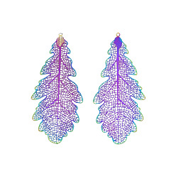 Rainbow Color 304 Stainless Steel Big Pendants, Etched Metal Embellishments, Leaf, Rainbow Color, 67x28.5x0.3mm, Hole: 1.2mm