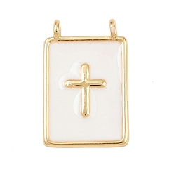 Белый Латунь эмаль подвески, прямоугольник с поперечными прелести, без свинца и без кадмия, долговечный, реальный 18 k позолоченный, стойки покрытие, белые, 18.5x12x3 мм, отверстие : 1.2 мм