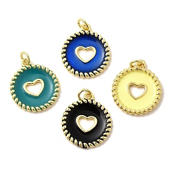 (52) Непрозрачная лаванда Латунь эмаль подвески, плоские круглые подвески с полыми сердечками, без свинца и без кадмия, долговечный, стойки покрытие, реальный 18 k позолоченный, разноцветные, 20.5~21x18x2.5 мм, отверстие : 3.4 мм