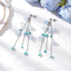 Небесно-голубой Серьги-гвоздики с кисточками из акрила, с синтетической зеленой бирюзой и натуральным апатитом, платина, голубой, 89 мм