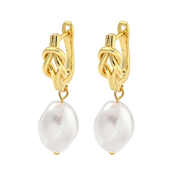 Настоящее золото 18K Серьги-кольца из латуни с узлом стойки, серьги с подвесками из искусственного жемчуга для женщин, без кадмия и без свинца, долговечный, реальный 18 k позолоченный, 35x11 мм