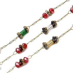 Настоящее золото 18K Ручная работа 304 цепочки-колонны из нержавеющей стали и стекла, пайки, с 316 цепями и катушкой из нержавеющей стали, ионное покрытие (ip), реальный 18 k позолоченный, бисер: 5.5x4x3.5 мм & 6x4x3.5 мм