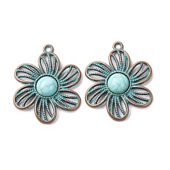 Цветок Сплав с синтетических бирюзовых подвесками, красная медь и зеленая патина, цветок, 30x24.5x4.5 мм, отверстие : 1.8 мм