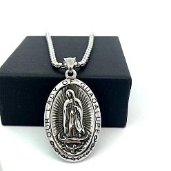 Нержавеющая Сталь Цвет Винтажное ожерелье из нержавеющей стали с овальным кулоном в форме девственницы и рельефным рисунком, цепочка-коробочка для женщин., цвет нержавеющей стали, 304 дюйм (23.62 см)