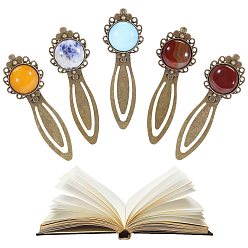 Alloy 5Pcs Mixed Natural & Synthetic Round Gemsotne Bookmarks, Alloy Book Marking Clips, Antique Bronze, 83x28x8.5~9mm