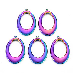 Rainbow Color 201 Edelstahl Anhänger, ovalen Ring, Regenbogen-Farb, 29x19.5x2.5 mm, Bohrung: 1.4 mm