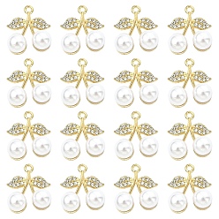 Golden 10Pcs Alloy Rhinestone Pendants, with ABS Plastic Pearl, UV Plated, Cherry, Golden, 20.5x17.5x9mm, Hole: 1.8mm