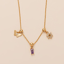 Золотой Бабочка цветок латунные ожерелья с подвеской из прозрачного и среднего фиолетового кубического циркония для женщин, золотые, 17.72 дюйм (45 см)