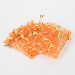 Dark Orange Heart Printed Organza Bags, Gift Bags, Rectangle, Dark Orange, 9x7cm