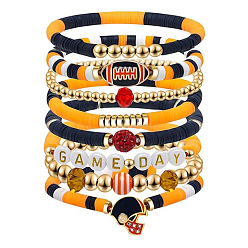 Оранжевый 7Набор браслетов из полимерной глины Heishi и пластиковых бусин CCB в стиле регби, украшения из сплава с подвесками для женщин, золотые, оранжевые, внутренний диаметр: 2-3/8 дюйм (6 см)