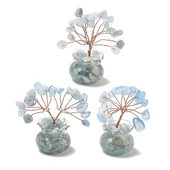 Other Jade Natural Jade, Imitation Aquamarine Chips Tree of Life Decorations, with Glass Pot Base & Copper Wire, Feng Shui Energy Stone Gift for Home Desktop Decoration, 26x52~56mm