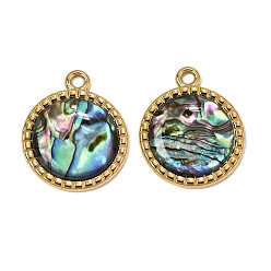 Flat Round 304 Stainless Steel & Natural Paua Shell Pendants, Real 18K Gold Plated, Ion Plating(IP), Long-Lasting Plated, Flat Round Charm, 30x25x4mm, Hole: 3mm
