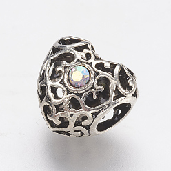 Разноцветный Тибетский сплав rhinestone европейский бисер, бусины с большим отверстием, полые сердца, античное серебро, красочный, 12x12.5x9.5 мм, отверстие : 5 мм