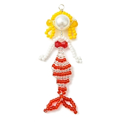 Red Copper Wire Wrapperd Glass Seed Beads Big Pendants, Mermaid Charms, with Baking Paint Glass Pearl Round Beads, Red, 70x21~21.5x9.5mm, Hole: 2.5mm