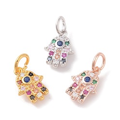 (52) Непрозрачная лаванда Латунные микро проложить кубического циркония прелести, hamsa рука / рука fatima / рука miriam, разноцветные, 13x9.5x2 мм, отверстие : 4 мм