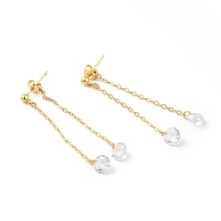 Real 18K Gold Plated Clear Cubic Zirconia Tassel Front Back Stud Earrings, Rack Plating Brass Jewelry for Women, Cadmium Free & Lead Free, Real 18K Gold Plated, 49mm, Pin: 0.7mm