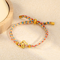Cœur 304 Bracelets coulissants ajustables en cordon de coton tressé à maillons en acier inoxydable, or, colorées, cœur, 9.06 pouce (23 cm)