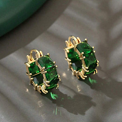 Зеленый Квадратная латунь кубического циркония серьги обруча, золотые, зелёные, 21x8 мм