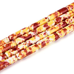 Золотистый Синтетических нитей бирюзовые бусы, окрашеные, колонка, золотые, 12.5~13x4 мм, отверстие : 0.9~1 мм, около 29 шт / нитка, 14.37~14.76'' (36.5~37.5 см)