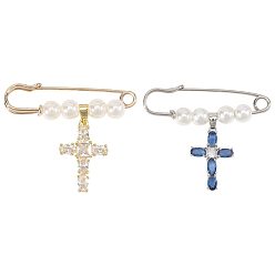 Platino & Oro 2 piezas 2 estilos broches de perlas de plástico de aleación, con latón micro pavé colgantes de zirconia cúbica, cruzar, platino y oro, 33 mm, 1 pc / estilo