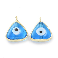 Deep Sky Blue Handmade Evil Eye Lampwork Charms, with Real 18K Gold Plated Tone Brass Findings, Triangle Charm, Deep Sky Blue, 12x13x4mm, Hole: 2mm