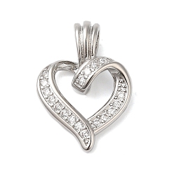 Платина Подвески из латуни и прозрачного циркония с покрытием стойки, без кадмия и без свинца, долговечный, сердце, платина, 22x15x2.3~6 мм, отверстие : 5x3.4 мм