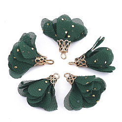 Dunkelgrün Eisen Anhänger & Charms, mit Chiffon, Blume, golden, dunkelgrün, 23~28x20~30 mm, Bohrung: 1~3 mm