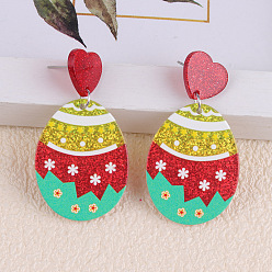 Разноцветный Пасхальные акриловые серьги-подвески, яйцо с узором, с блеском порошок, красочный, 49x27 мм