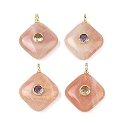 Солнечный Камень Подвески из натурального солнечного камня, Подвески в виде ромбов с золотистой латунной микропаве из кубических цирконий разных цветов, 22.5~23.5x17.5x5.5~7 мм, отверстие : 2.5x1.5 мм