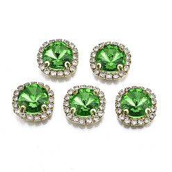 Peridot Sew on Rhinestone, Transparent Glass Rhinestone, with Brass Prong Settings, Faceted, Square, Peridot, 17x17x8mm, Hole: 1mm