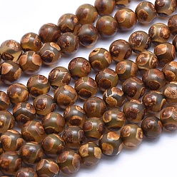 Tibetan Agate Tibetan Dzi Semi-Precious Stone Beads, Etched Line Natural Agate Beads, Dyed Coffee, Round, 8mm, Hole: 1mm, about 48pcs/strand, 14.7 inch(37.5cm)