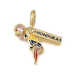Golden Brass Micro Pave Cubic Zirconia European Dangle Pendants, Large Hole Pendants, Honduras Parrot Charms, with Enamel, Rack Plating, Long-Lasting Plated, Cadmium Free & Lead Free, Golden, 36mm, Hole: 4mm