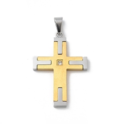 Позолоченный и Цвет Нержавейки 304 подвески из нержавеющей стали, со стразами, крест прелести, настоящее золото и нержавеющая сталь, 37x25x3 мм, отверстие : 6.5x3 мм