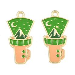 Lime Green Alloy Enamel Pendants, Flashlight with Mountain Charms, Golden, Lime Green, 31x16x1mm, Hole: 2mm