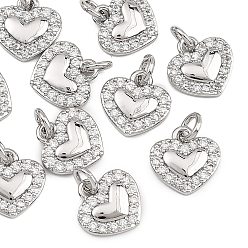 Real Platinum Plated SHEGRACE Valentine's Day Brass Clear Cubic Zirconia Charms, Heart Charms, Cadmium Free & Lead Free & Nickel Free, Real Platinum Plated, 9x9x2mm, Hole: 2.5mm