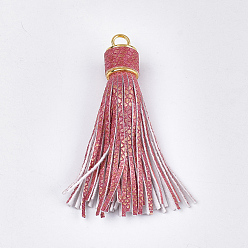 Salmon PU Leather Tassel Big Pendants Decorations, Imitation Snake Skin, with Alloy Findings, Golden, Salmon, 93~97x17.5~18mm, Hole: 6mm