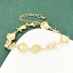 Mixed Shapes Браслеты из латунной цепочки для женщин, с пластмассовой жемчужиной abs, стойки покрытие, долговечный, без свинца и без кадмия, реальный 18 k позолоченный, форма раковины и морская звезда, 7-3/4 дюйм (19.7 см)